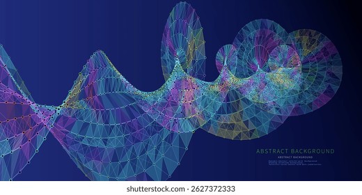 Abstract grid helix from color polygons in dark cyberspace. Rotating DNA shape wireframe connecting circles.