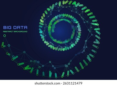 Abstract grid helix from color polygons in dark cyberspace. Futuristic  DNA shape wireframe connecting circles.