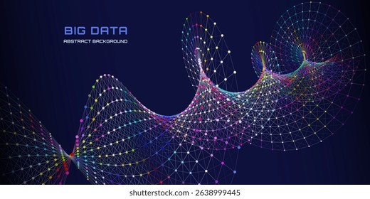 Abstract grid helix from color polygons in dark cyberspace. Futuristic DNA shape wireframe connecting dots.