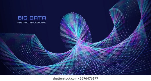 Abstract grid helix from color polygons in dark cyberspace. Futuristic wortex shape wireframe connecting dots.