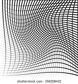 Abstract grid, mesh with twirling, rotating distortion effect. Intersecting lines monochrome vector pattern.