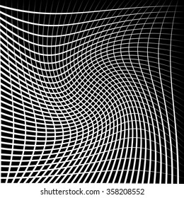 Abstract grid, mesh with twirling, rotating distortion effect. Intersecting lines monochrome vector pattern.