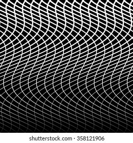 Abstract grid, mesh of wavy, distorted lines pattern. Black and white, monochrome vector texture.