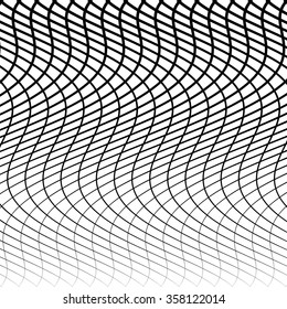 Abstract grid, mesh of wavy, distorted lines pattern. Black and white, monochrome vector texture.