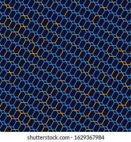 patrón de cuadrícula abstracto con hexagones en colores azul y naranja y fondo negro
