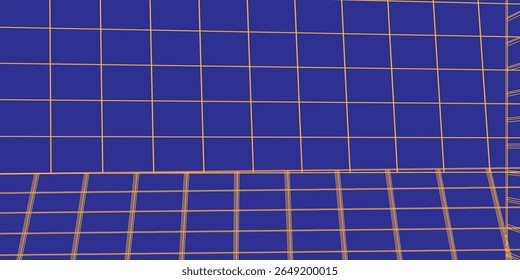 Abstract grid pattern with orange lines on a deep blue background, forming a 3D perspective effect. Futuristic and digital theme ideal for tech, architecture, or modern design projects.