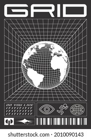 Abstract grid poster. Acid graphic style, rave, mesh, text design, planet earth isolated on black background.