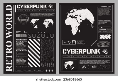 Abstract grid poster. Acid graphic style streetwear print with planet world map. Isolated on black background. Abstract future poster. In the Techno (hud) style, a trendy print for a T-shirt. Vector