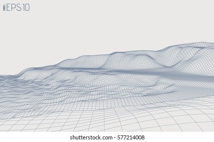 Abstract grid relief.Vector background illustration.3D linear terrain. Wireframe stylized graphic side of the sea.