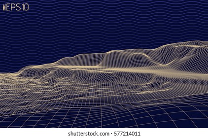 Abstract grid relief.Vector background illustration.3D linear terrain. Wireframe stylized graphic side of the sea.