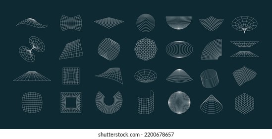 Abstract grid set. Futuristic geometric pack of perspective tunnels portals gravity construction, retrofuturistic punk 3D wireframe elements. Vector collection. Abstract shapes, wavy structure