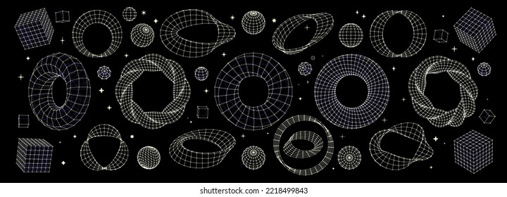 Abstract grid shapes. Mobius strip wireframe, twisted donut mesh, 3D sphere and cube shape vector set