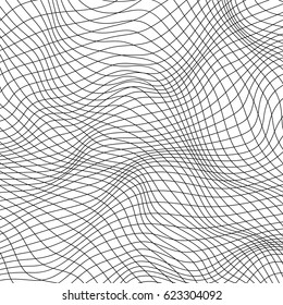  Abstract grid. Wave monochrome background. Simple linear halftone texture. Vector black & white background. Abstract dynamical rippled surface. Visual  3D effect. Illusion of movement. 