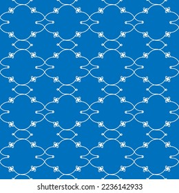 Abstract grid of white lines and polka on blue. Fashion graphic design. Modern stylish texture. Colorful template for prints, textiles, wrapping, wallpaper, business, etc. Vector illustration