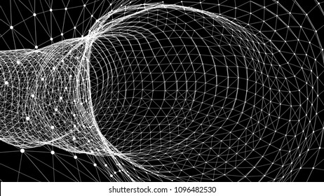 Abstract grid wormhole. Futuristic 3d portal. Space-time portal 3d visualization. Wireframe tunnel.