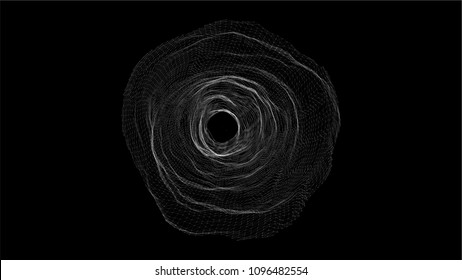 Abstract grid wormhole. Futuristic 3d portal. Space-time portal 3d visualization. Wireframe tunnel.