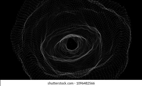 Abstract grid wormhole. Futuristic 3d portal. Space-time portal 3d visualization. Wireframe tunnel.