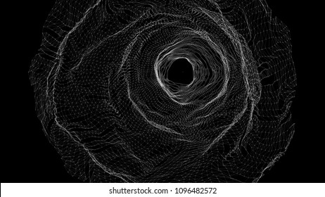 Abstract grid wormhole. Futuristic 3d portal. Space-time portal 3d visualization. Wireframe tunnel.
