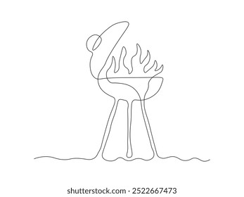 Parrilla Abstractas, barbacoa. Boceto de dibujo a mano de una línea de arte, logotipo