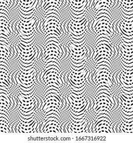 Abstract grille, grating of distorted lines. Wavy, curvy, zig-zag, criss-cross lines grid, mesh texture / pattern. Abstract black and white (monochrome) geometric illustration