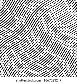 Abstract grille, grating of distorted lines. Wavy, curvy, zig-zag, criss-cross lines grid, mesh texture / pattern. Abstract black and white (monochrome) geometric illustration