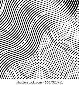 Abstract grille, grating of distorted lines. Wavy, curvy, zig-zag, criss-cross lines grid, mesh texture / pattern. Abstract black and white (monochrome) geometric illustration