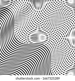 Abstract grille, grating of distorted lines. Wavy, curvy, zig-zag, criss-cross lines grid, mesh texture / pattern. Abstract black and white (monochrome) geometric illustration