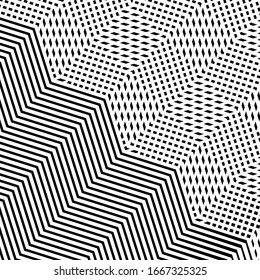 Abstract grille, grating of distorted lines. Wavy, curvy, zig-zag, criss-cross lines grid, mesh texture / pattern. Abstract black and white (monochrome) geometric illustration