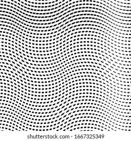 Abstrakter Gitter, Gratzen von verzerrten Linien. Wavy, Curvy, Zick-Zag, knuspriges Kreuz-Gitter, Maschenstruktur / Muster. Abstrakte, geometrische Schwarz-Weiß-Illustration (einfarbig)