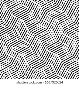 Abstract grille, grating of distorted lines. Wavy, curvy, zig-zag, criss-cross lines grid, mesh texture / pattern. Abstract black and white (monochrome) geometric illustration