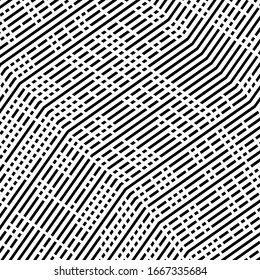 Parrilla abstracta, rallado de líneas distorsionadas. Ondulada, curvada, zig-zag, rejilla cruzada, textura de malla / patrón. Ilustración geométrica en blanco y negro abstracto (monocroma)