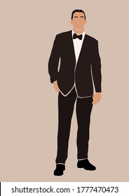 Abstract groom in wedding suit card isolated on light background. Fashion minimal trendy man in cartoon flat style. Trendy poster wall print decor vector illustration