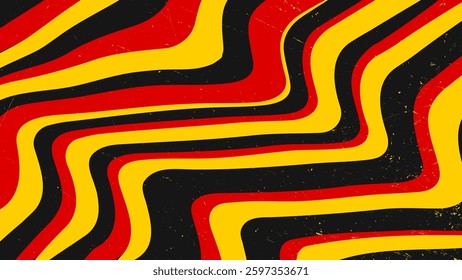 Abstract groovy 70s vintage pattern in red yellow black color stripe with grunge texture. Germany flag color background