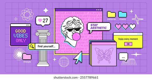 Resumo groovy fundo estético em estilo retro vaporwave com citações motivação. Trendy techno estética 90s - 2000s ilustração. posters Y2k, postagens de mídia social no estilo de jogo retro wallpaper