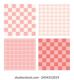 Abstract groovy backgrounds. Hippie square backdrops. Y2k aesthetic. Twisted design in pink and red colors. Retro psychedelic vector illustration. Checkered pattern in trendy 70s cartoon style.