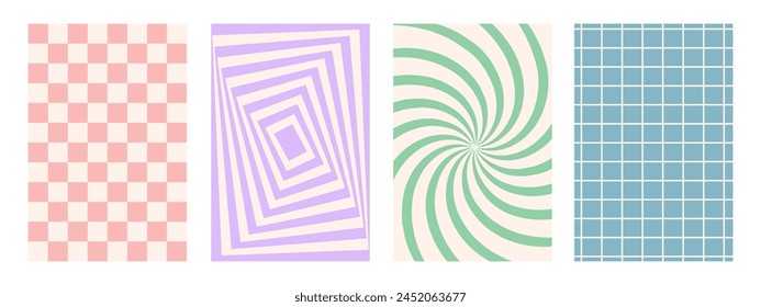 Abstract groovy backgrounds. Hippie vertical backdrops. Y2k aesthetic. Twisted design in pink and purple colors. Retro psychedelic vector illustration. Funky pattern in trendy 70s cartoon style.