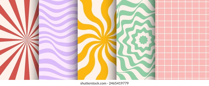 Abstract groovy backgrounds. Hippie vertical backdrops. Y2k aesthetic. Twisted design in yellow and red colors. Retro psychedelic vector illustration. Funky pattern in trendy 70s cartoon style.