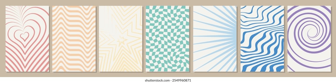 Abstract groovy backgrounds set. Green, beige, yellow and red lines wavy patterns. Minimalistic creativity and art. Back to 80s and 90s. Flat vector collection isolated on white background