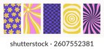 Abstract Groovy backgrounds. Set of psychedelic retro patterns. Trendy twisted and checkered vector texture in abstract y2k style. Vector graphic for posters and art prints.
