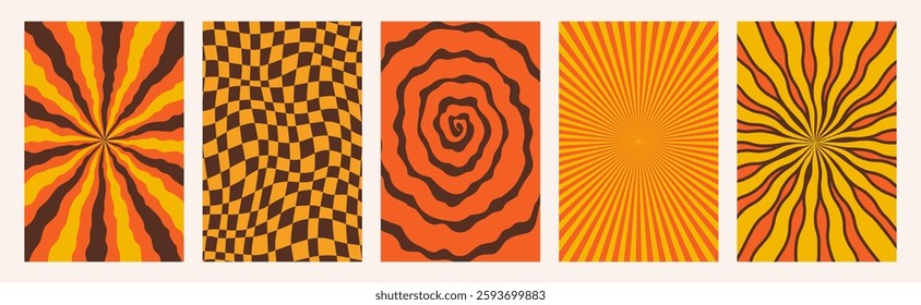 Abstract Groovy backgrounds. Set of psychedelic retro patterns in orange colors. Trendy twisted and checkered funky vector texture in abstract y2k style. Vector graphic for posters and art prints.