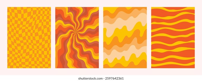 Abstract Groovy backgrounds. Set of psychedelic retro patterns in orange colors. Trendy twisted and checkered funky vector texture in abstract y2k style. Vector graphic for posters and art prints.