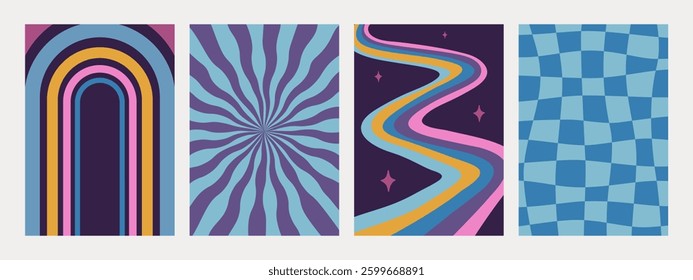 Abstract Groovy backgrounds. Set of psychedelic retro patterns in blue colors. Trendy wavy and checkered funky vector texture in abstract y2k style. Vector graphic for posters and art prints.