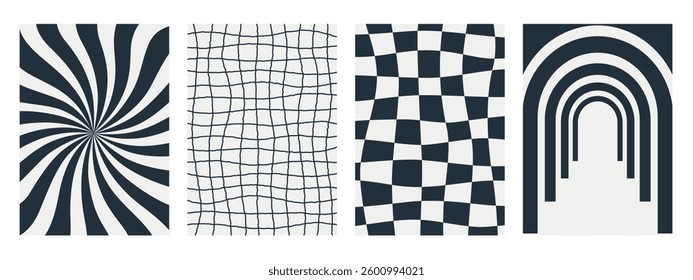 Abstract Groovy backgrounds. Set of psychedelic retro patterns in black and white colors. Trendy twisted and checkered vector texture in abstract y2k style. Vector graphic for posters and art prints.