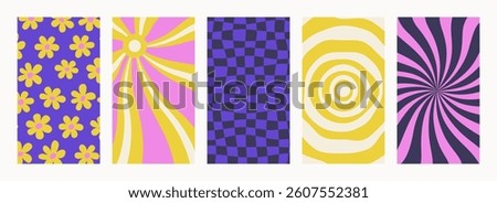 Abstract Groovy backgrounds. Set of psychedelic retro patterns. Trendy twisted and checkered vector texture in abstract y2k style. Vector graphic for posters and art prints.