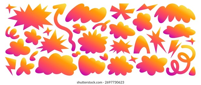 Abstractas conjunto de manchas groovy aislado sobre fondo blanco. Ilustración de dibujos animados de Vector de diferentes nubes de gradiente de forma, flechas de doodle, burbujas de discurso de colores, estrella funky, destello, etiquetas engomadas del rayo