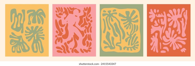 Abstract groovy botanical poster in modern trendy minimalist style and subtle natural colors. Hand drawn prints for wallpaper, wall decor, fabric, postcard, cover.