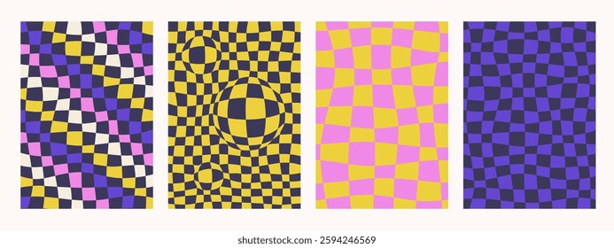Abstract Groovy checkerboard backgrounds. Set of psychedelic retro patterns in retro colors. Trendy twisted and checkered funky vector texture in abstract Y2K style. Vector for posters and art prints