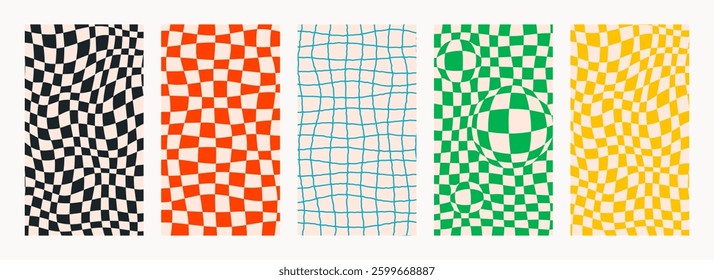 Abstract Groovy checkerboard backgrounds. Set of psychedelic retro patterns in retro colors. Trendy twisted and checkered funky vector texture in abstract y2k style. Vector graphic for posters and art
