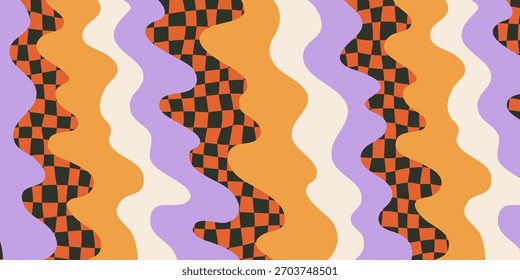 Abstraktes groovy kariertes Muster mit wellenförmigen, verzerrten Streifen in Orange, Lavendel und Weiß. Groovy Checker Hintergrund mit fließenden Retro-Formen. Vektorgrafik.