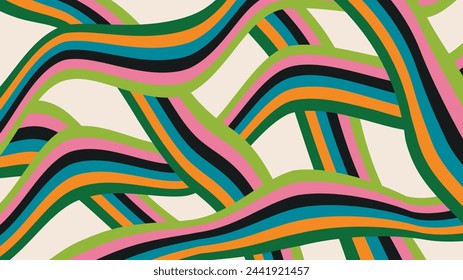 Abstract groovy design in retro 60s-70s style. Trendy vintage background in hippie art style. Psychedelic curve multi colors stripes pattern